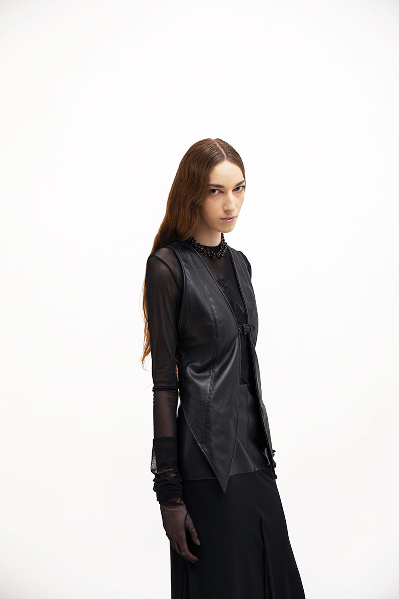 Black leather vest with belt from Vaska, stylish men's jacket featuring a sleek design and front buckle detail.