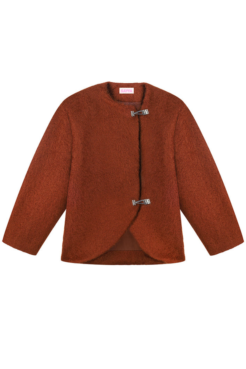 Brown Mohair jacket by Sayya, featuring a cozy, textured knit design perfect for stylish winter wear.