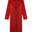 Red MIDI fur coat by Sayya, featuring a plush fur texture and stylish length, displayed on a hanger.