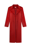 Red MIDI fur coat by Sayya, featuring a plush fur texture and stylish length, displayed on a hanger.