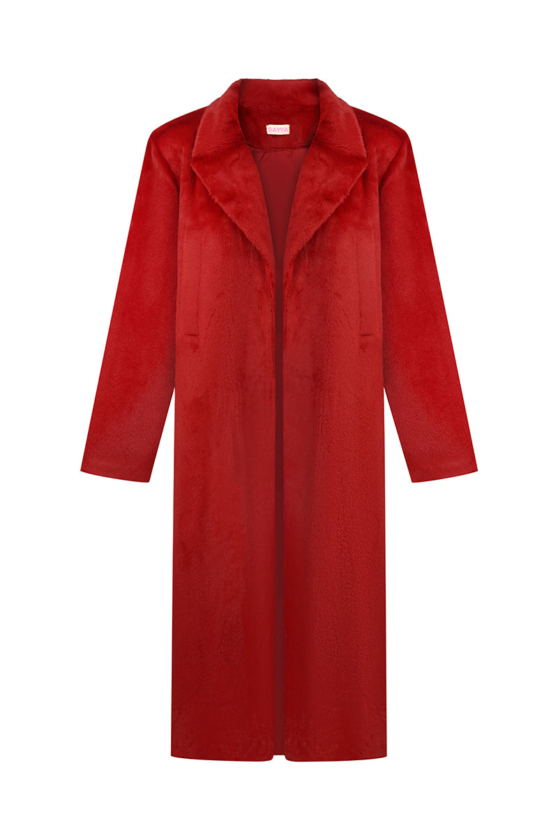 Red MIDI fur coat by Sayya, featuring a plush fur texture and stylish length, displayed on a hanger.