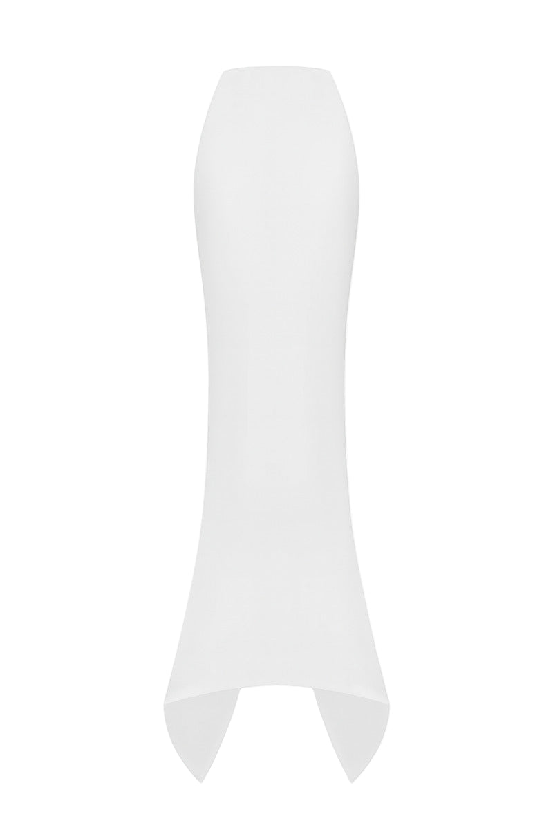 Soft satin maxi skirt by Balykina with a flowing design, shown in a neutral color, perfect for elegant, casual wear.