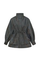 Gray denim jacket by Sayya, shown on a hanger with folded sleeves and classic button detailing, stylish casual outerwear.