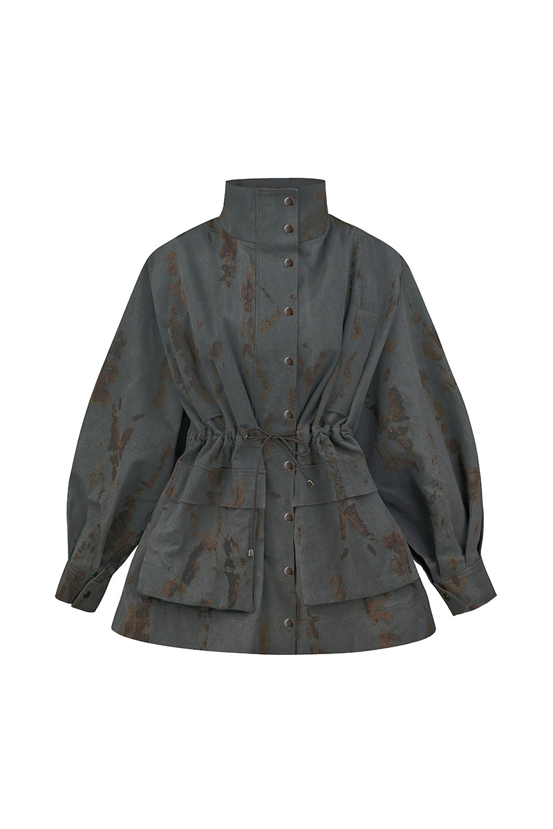 Gray denim jacket by Sayya, shown on a hanger with folded sleeves and classic button detailing, stylish casual outerwear.