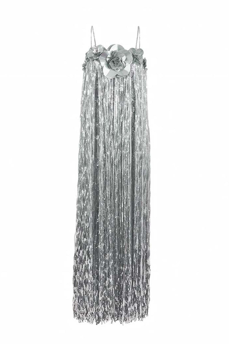 Silver Melissa gown by Alersundi, featuring elegant fabric and detailed design, perfect for formal occasions.