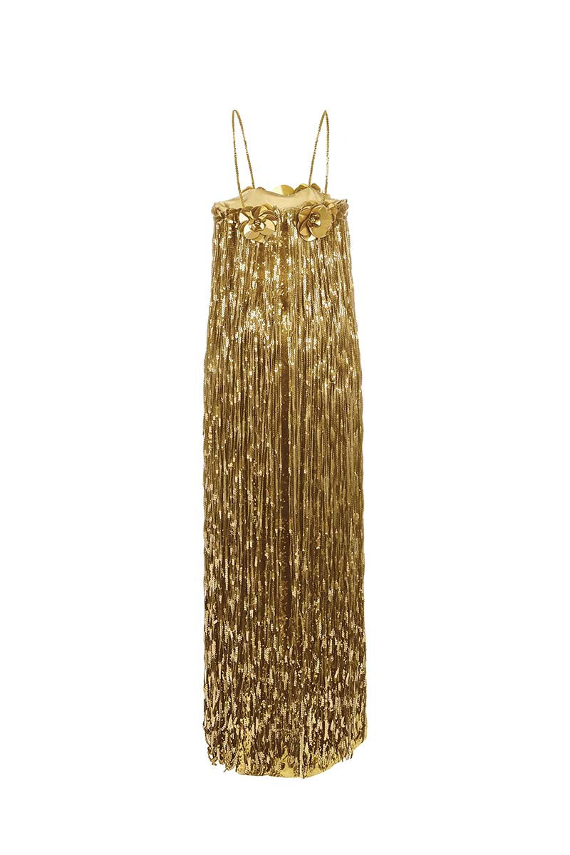 Alersundi Cult Mia X Alersundi Melissa gold gown with elegant flowing fabric and intricate design, perfect for formal occasions.