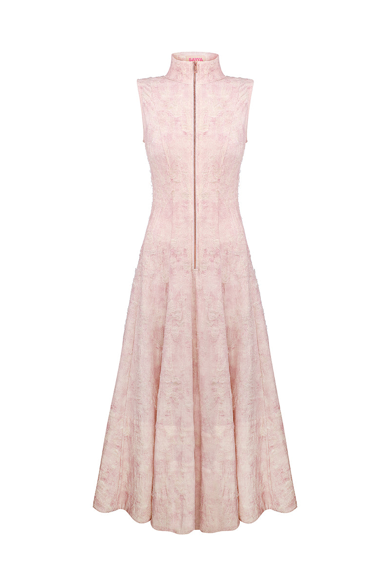 Pink Godet midi dress by Sayya, featuring a flowy, elegant silhouette with modern style and soft fabric details.