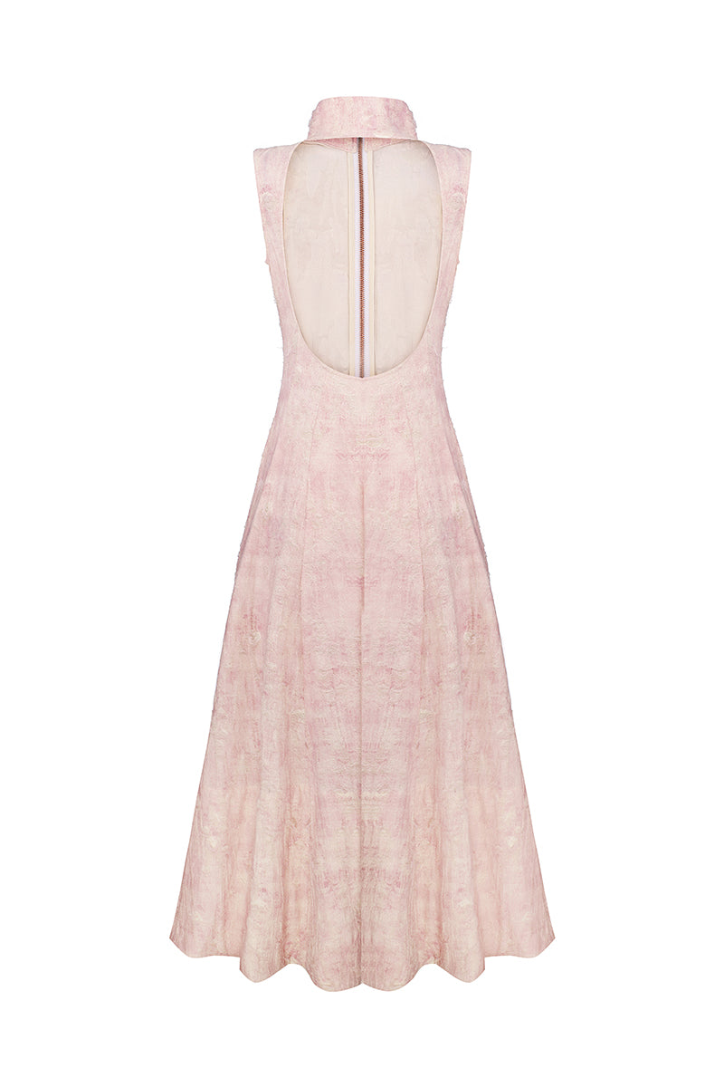 Pink Godet midi dress by Sayya, featuring a stylish midi length and fitted silhouette, perfect for elegant occasions.
