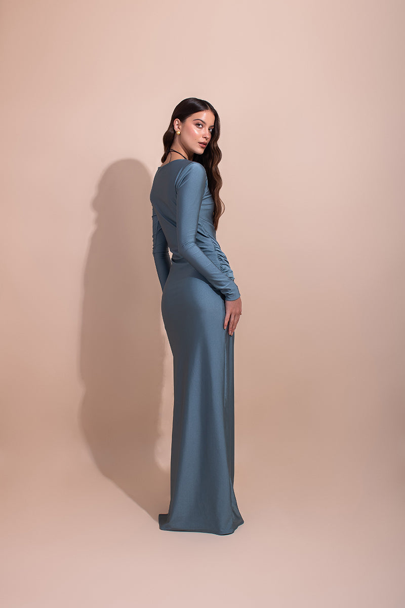 Blue DUNA PLATINUM maxi dress by LAURA ESCOBAR, flowing fabric, elegant design, and stylish fit shown in the image.