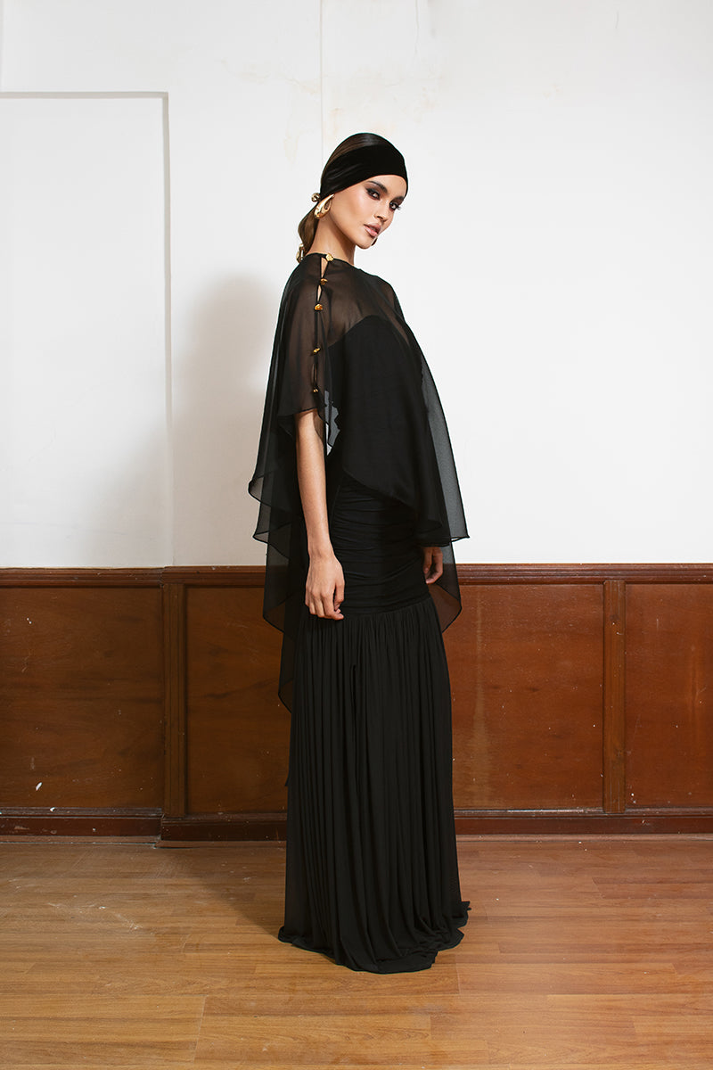 LEDIEL MYNA Cape jacket in stylish fabric, shown in a close-up of the front with detailed stitching and design.
