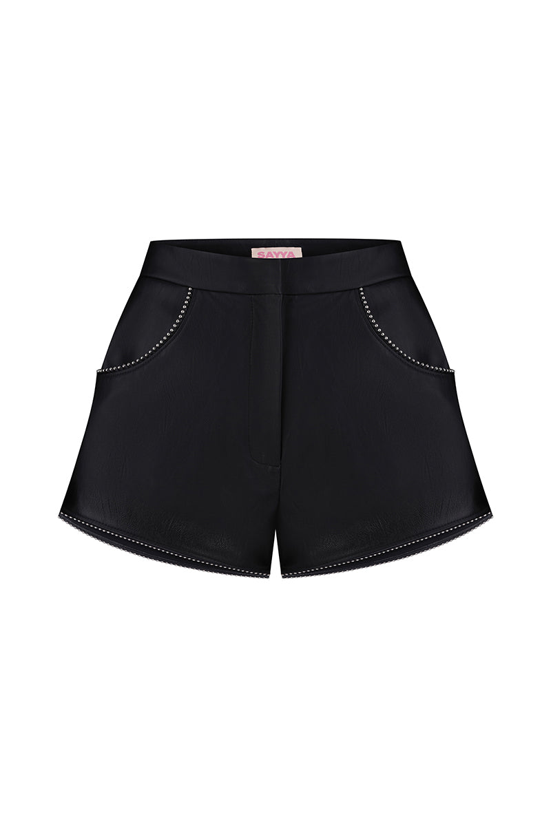 Black Sayya mini shorts displayed on a hanger, showcasing their fitted design and simple style.