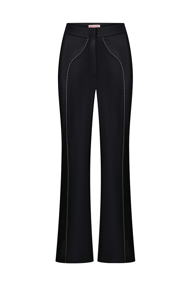 Black leather pants from Sayya, stylish and fitted, shown on a model with detailed stitching and sleek design.