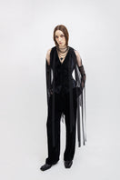 Black Vaska jacket featuring chiffon ribbons, stylish and elegant, shown with a front view highlighting the detailed design.