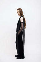 Black Vaska jacket with chiffon ribbons, featuring a stylish design and tailored fit, perfect for elegant wear.