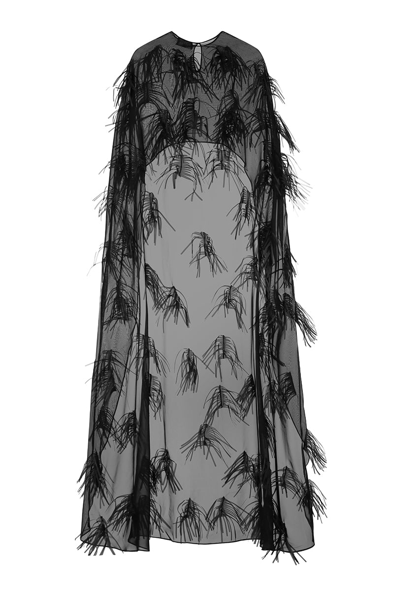 ORGANZA APPLIQUE CAPE IN MIDNIGHT BLACK
