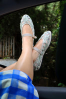 Flabelus Pierre Lace Green Flats with delicate lace detailing and a sleek, comfortable design for casual wear.