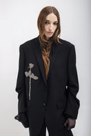 Black oversized blazer by Vaska featuring intricate beaded embroidery, stylish and elegant jacket for modern fashion.
