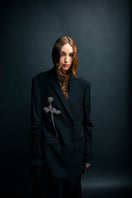 Vaska oversized black blazer featuring intricate beaded embroidery, stylish jacket with a relaxed fit and detailed embellishments.