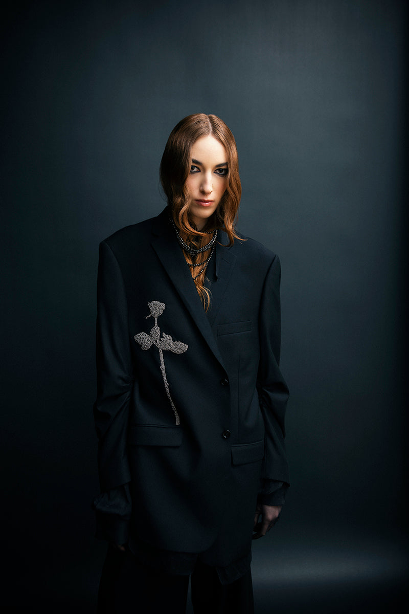 Vaska oversized black blazer featuring intricate beaded embroidery, stylish jacket with a relaxed fit and detailed embellishments.