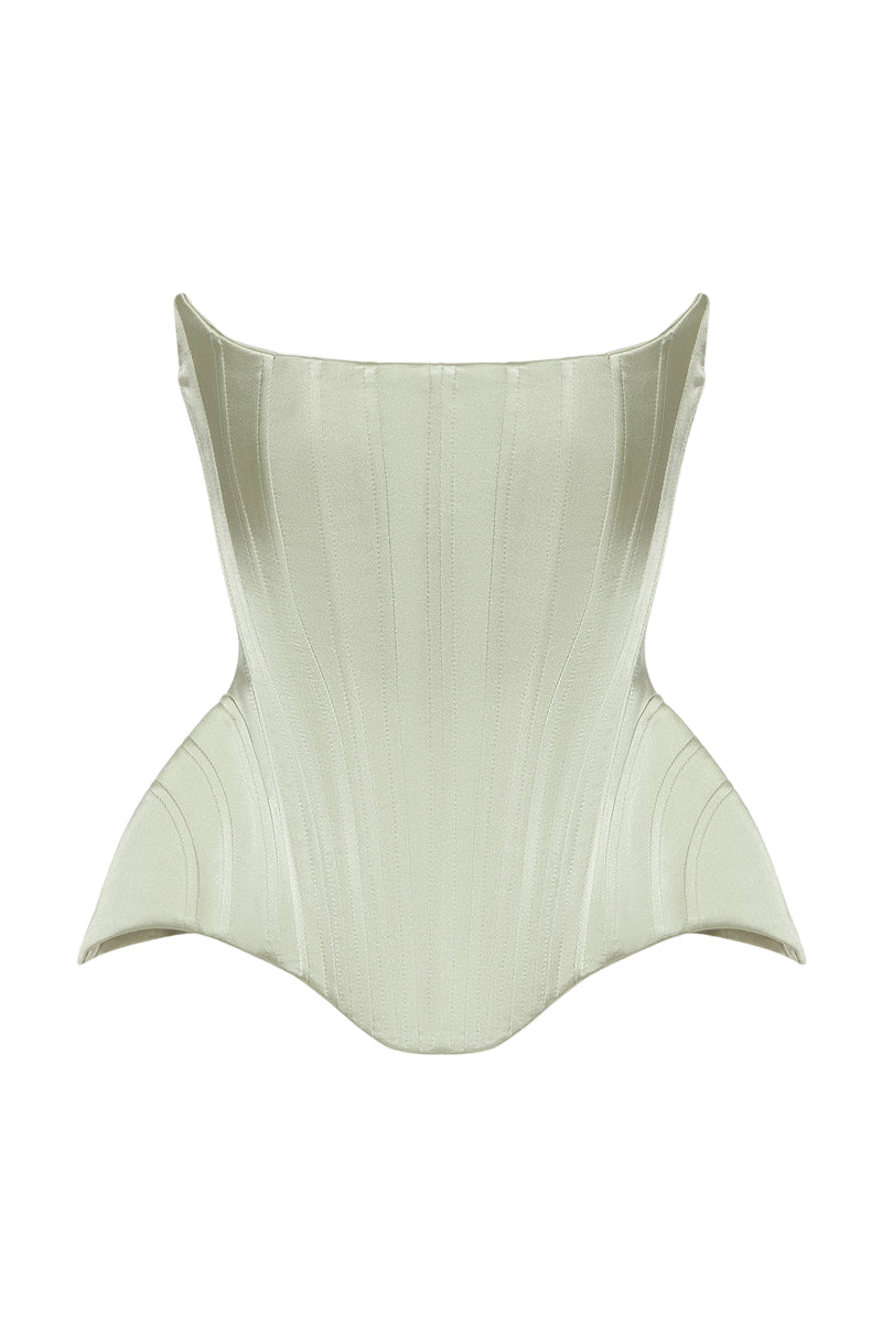 Light-green Irma corset top by Balykina, featuring fitted design and stylish detailing, showcased in front view.