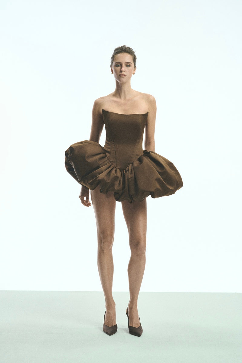 REBECCA TRANSFORMER CORSET TOP-TO-DRESS IN BROWN
