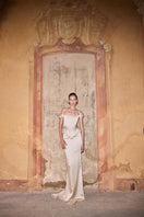 Beige soft satin maxi skirt by Balykina displayed with flowing fabric and smooth texture, ideal for elegant, comfortable style.