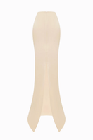 Beige soft satin maxi skirt by BALYKINA, flowing fabric with elegant drape, full length view, perfect for stylish casual or formal wear.