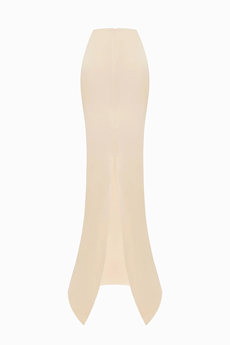 Beige soft satin maxi skirt by BALYKINA, flowing fabric with elegant drape, full length view, perfect for stylish casual or formal wear.