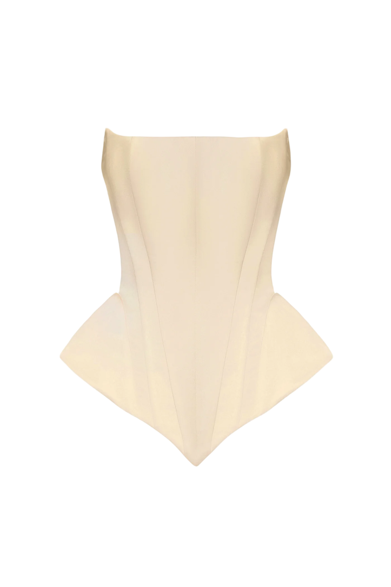 Beige EVA corset top by BALYKINA, featuring a fitted design with adjustable straps and a smooth, matte finish.