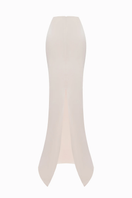 Soft blush pink satin maxi skirt by Balykina, flowing and elegant with a smooth satin finish, perfect for stylish occasions.