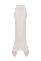 Soft blush pink satin maxi skirt by Balykina, flowing fabric with a smooth, elegant drape perfect for stylish outfits.