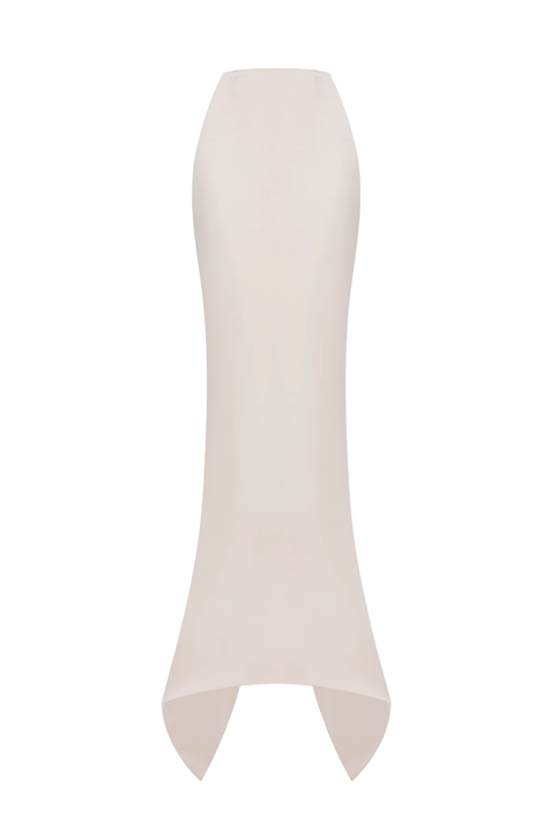 Soft blush pink satin maxi skirt by Balykina, flowing fabric with a smooth, elegant drape perfect for stylish outfits.