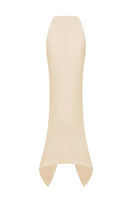 Beige soft satin maxi skirt by Balykina, flowing fabric with a smooth, elegant drape, styled for a chic look.