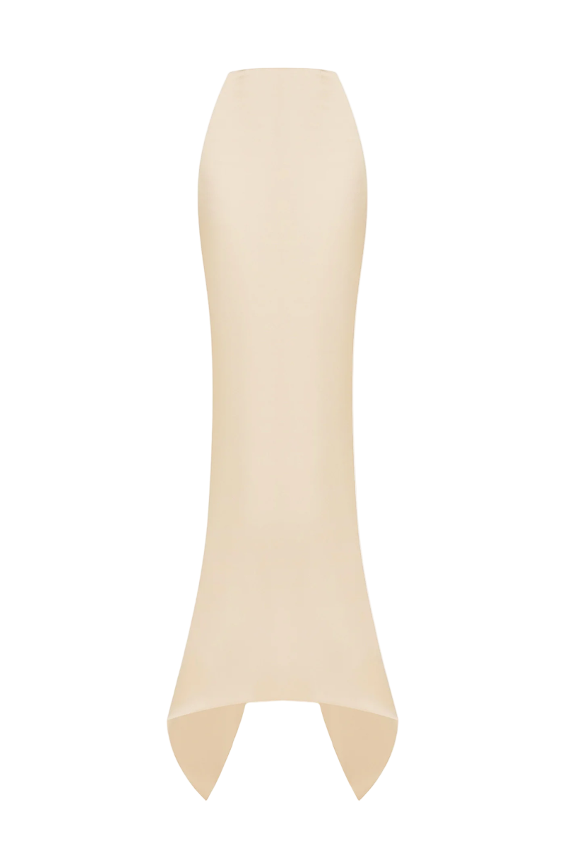 Beige soft satin maxi skirt by Balykina, flowing fabric with a smooth, elegant drape, styled for a chic look.