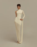 Poem Hyperion white maxi dress displayed on hanger, flowing fabric, elegant design perfect for summer or special occasions.
