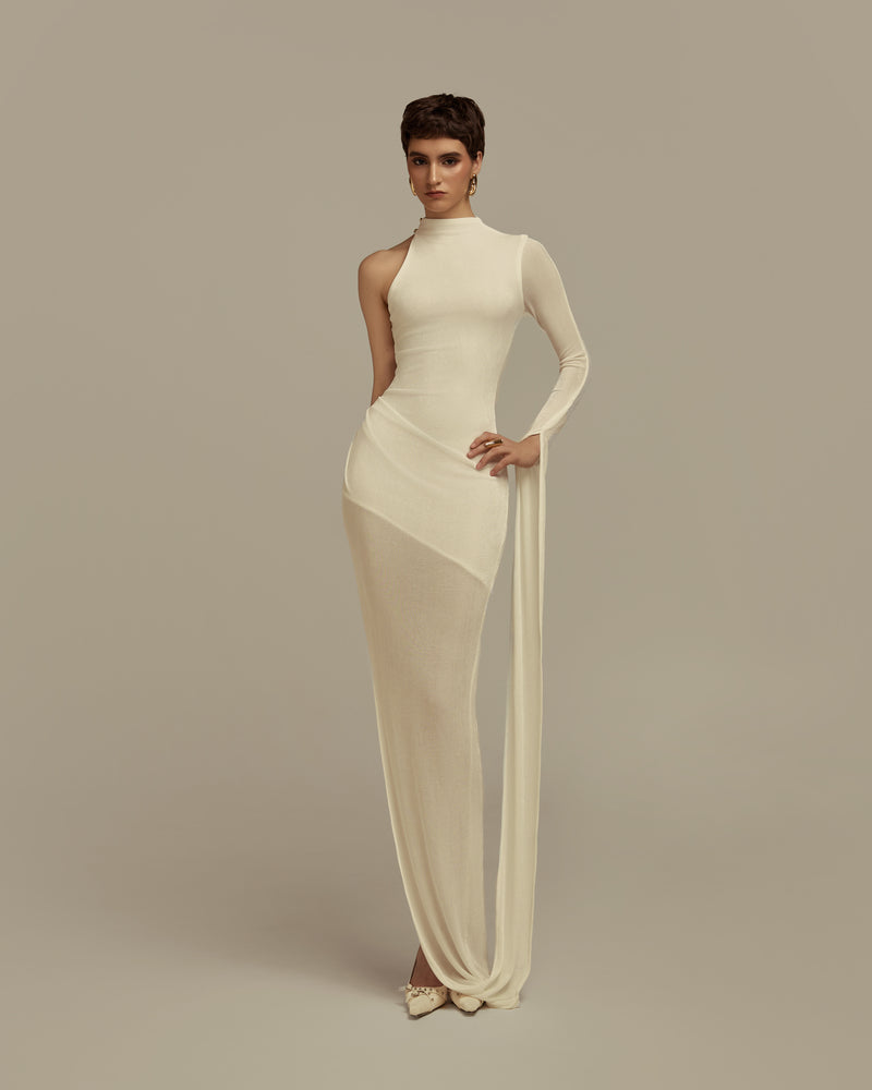 Poem Hyperion white maxi dress displayed on hanger, flowing fabric, elegant design perfect for summer or special occasions.