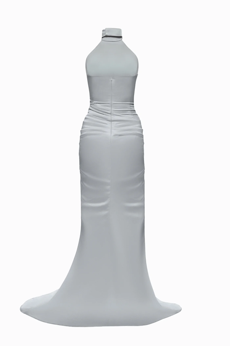Gray ERA gown by Balykina with elegant flowing fabric and a fitted waist, perfect for formal occasions.