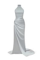 Gray ERA dress gown by Balykina, featuring elegant fabric and a flowing silhouette, displayed on a hanger.