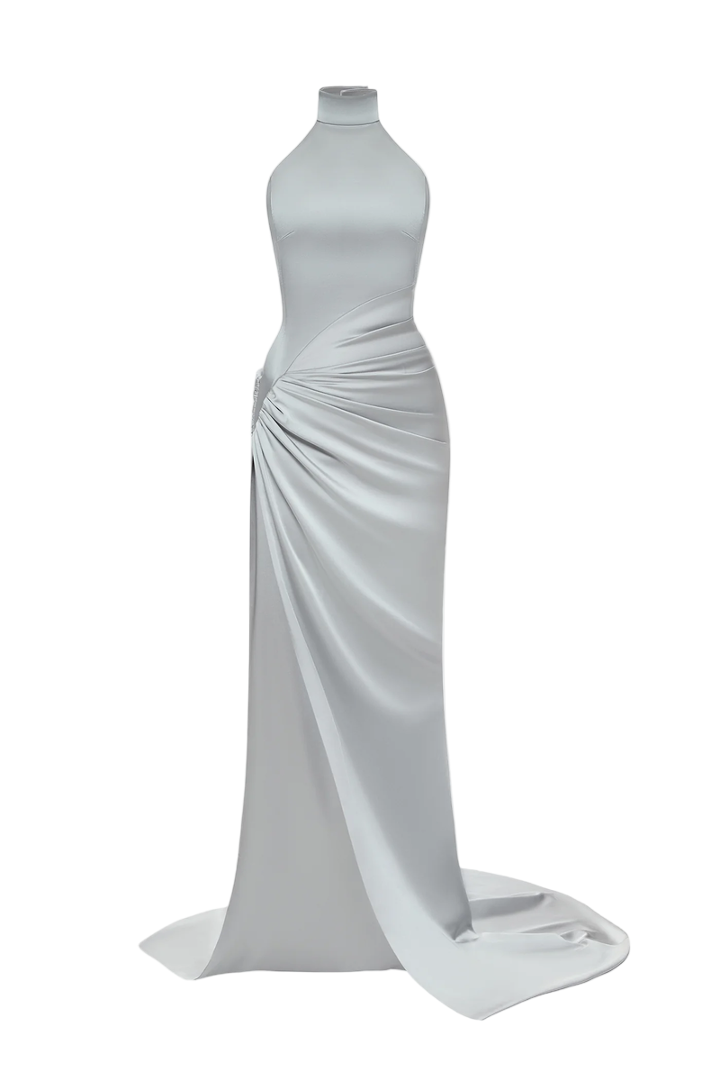 Gray ERA dress gown by Balykina, featuring elegant fabric and a flowing silhouette, displayed on a hanger.