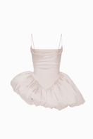 Blush pink Saris dress by Balykina, women’s mini dress with elegant drape and intricate design, showcased on a hanger.