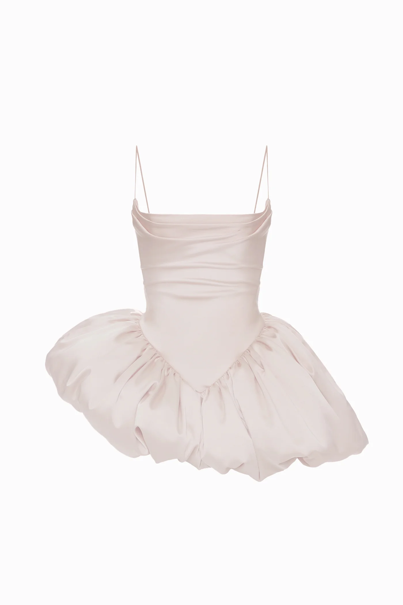 Blush pink Saris dress by Balykina, women’s mini dress with elegant drape and intricate design, showcased on a hanger.
