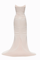 Blush pink Fiori gown by Balykina featuring elegant flowy fabric and delicate design for formal occasions.