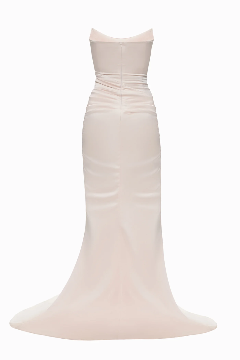 Blush pink Fiori gown by Balykina featuring elegant flowy fabric and delicate design for formal occasions.