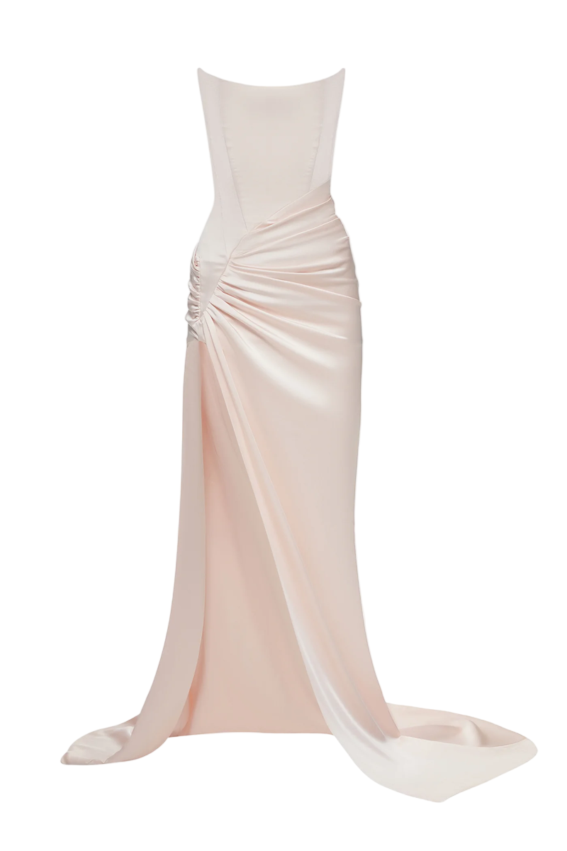 Blush pink Fiori gown by Balykina with elegant flowing fabric and delicate design, perfect for formal occasions.