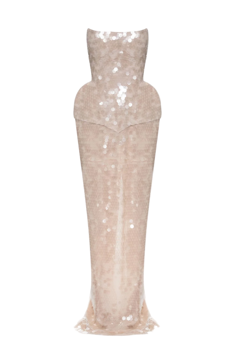 Elegant BALYKINA MUNA gown with flowing fabric and intricate detailing, perfect for formal occasions.