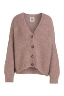 Purple Coco cardigan by First Born Knits, featuring a cozy knit design, displayed on a neutral background.