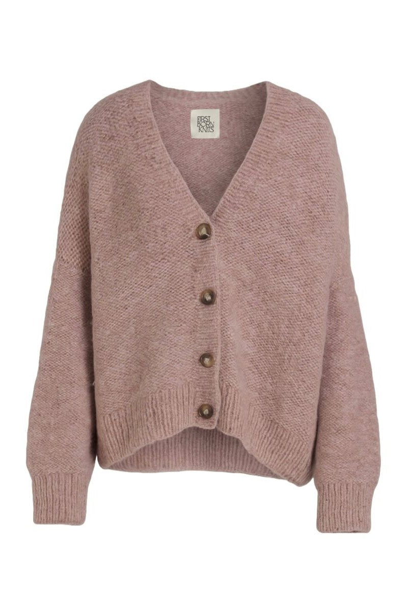 Purple Coco cardigan by First Born Knits, featuring a cozy knit design, displayed on a neutral background.