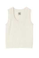 White Chloe vest from First Born Knits, a stylish knit top with a fitted design and textured fabric.