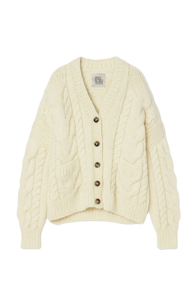 First Born Knits Paris Cardigan in soft knit fabric, featuring a relaxed fit and button-front design.