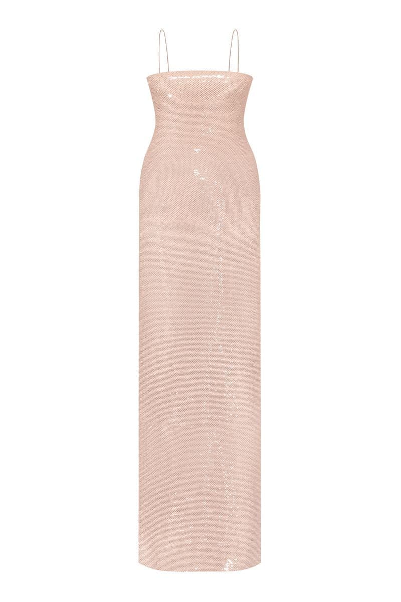 Nué Bare Glossy Sequin Gown with shimmering sequins and elegant design, perfect for formal occasions.